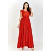 Wieczorowa czerwona długa suknia satynowa z koronką i dekoltem - Chantell 2