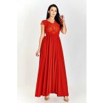 Wieczorowa czerwona długa suknia satynowa z koronką i dekoltem - Chantell 2