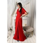 Brokatowa długa suknia z koronką i rękawem motylek - Charlotte 461a - czerwona 4
