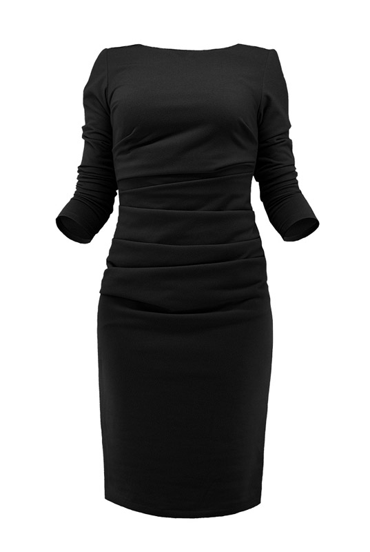 Czarna wyszczuplająca sukienka z marszczeniami i rękawem  - LaKey 178
