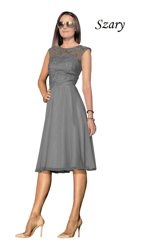 Koronkowa szara sukienka z szyfonową spódnicą z koła midi - LaKey 309