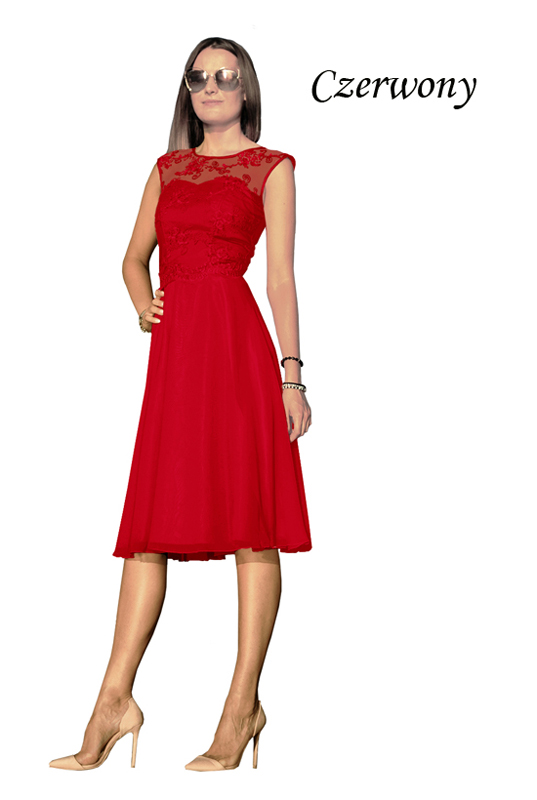Koronkowa czerwona sukienka z szyfonową spódnicą z koła midi - LaKey 309