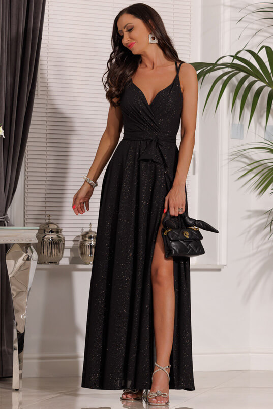 Czarna brokatowa sukienka z koła na cienkich ramiączkach na wesele - Paris