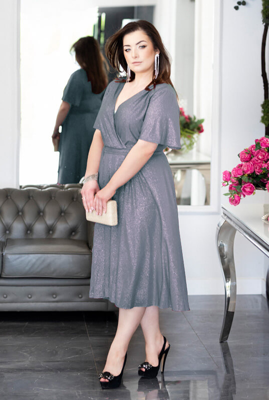 Brokatowa Sukienka Midi Estera – Srebrna Elegancja na Każdą Okazję