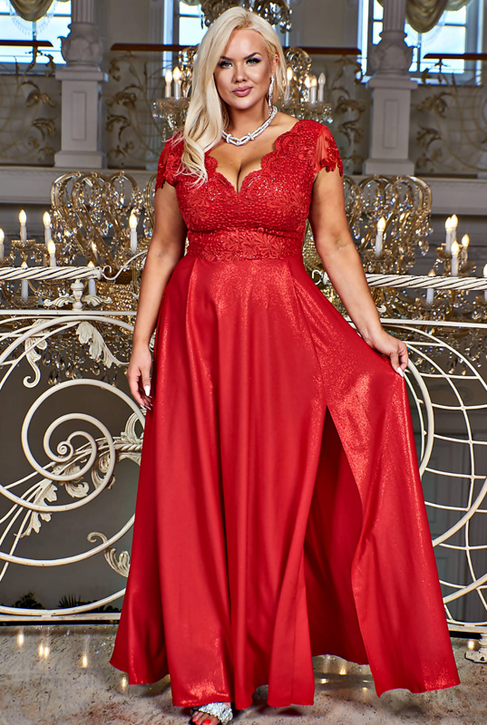 Czerwona wieczorowa suknia z dekoltem V i brokatową spódnicą na krótki rękaw- LaKey Carmen