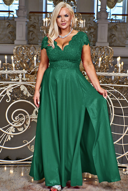 Zielona wieczorowa suknia z dekoltem V i brokatową spódnicą na krótki rękaw- LaKey Carmen 1