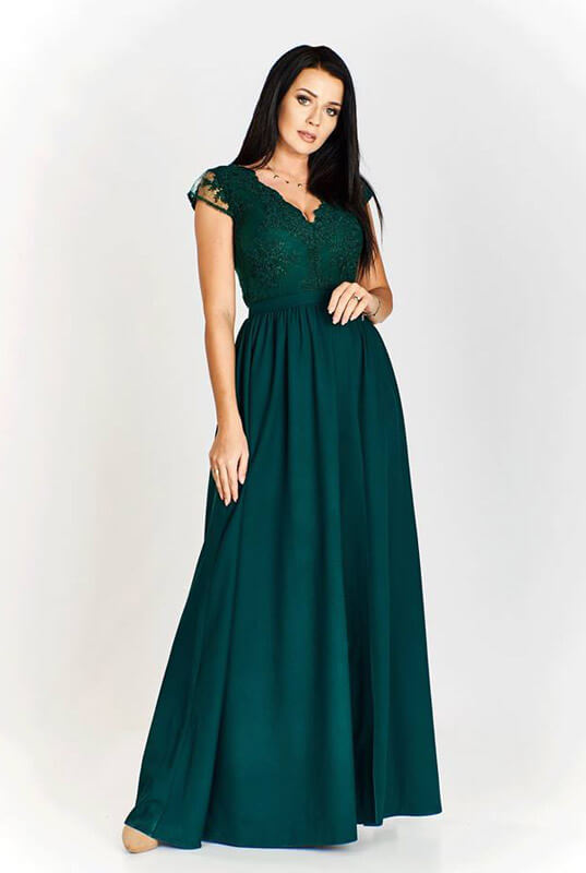 Wieczorowa zielona długa suknia satynowa z koronką i dekoltem - Chantell 2