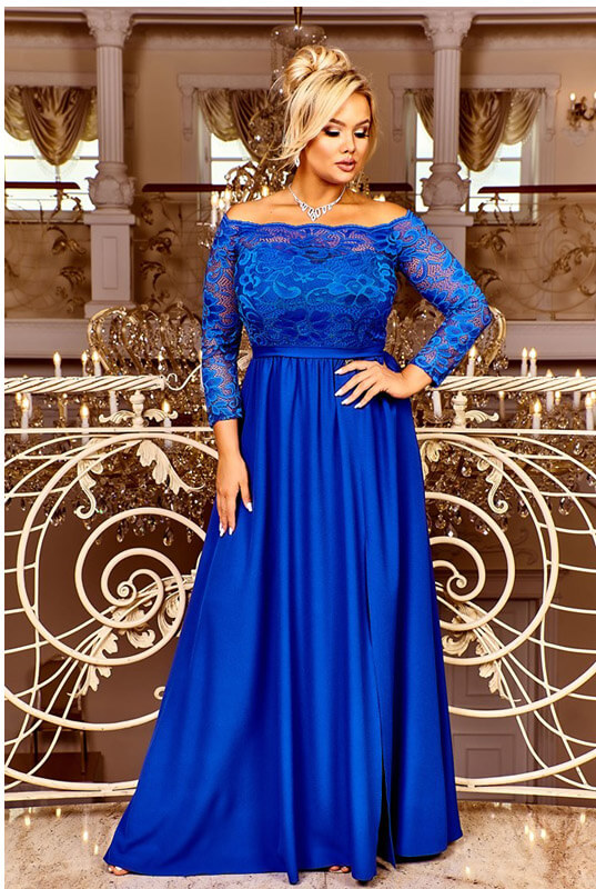 Długa niebieska wieczorowa suknia hiszpanka z koronką - LaKey Cleopatra