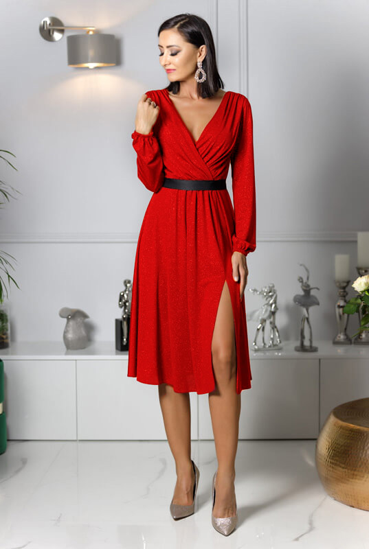 Czerwona sukienka z poświatą kopertowa MIDI z rękawem Salma 