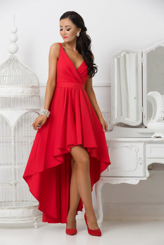 Asymetryczna sukienka czerwona z dekoltem koperta - Dolores