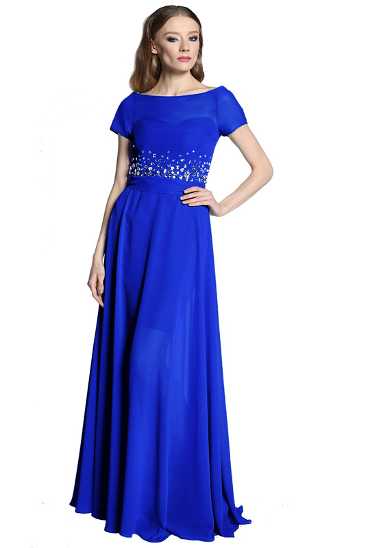 Niebieska sukienka gorsetowa z rękawkiem i odpinaną długą szyfonową spódnicą LaKey E04