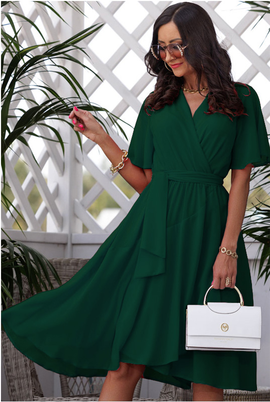 Koktajlowa sukienka MIDI z rękawkiem Greta zielona