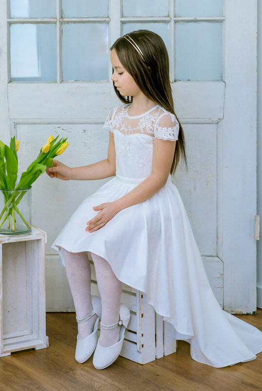 LaKey Alessandra asymetryczna sukienka koronkowa na wesele dla małej druhny 9