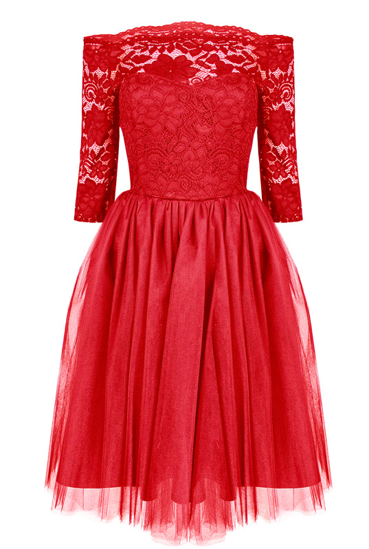 Czerwona sukienka koronkowa z tiulem MIDI
