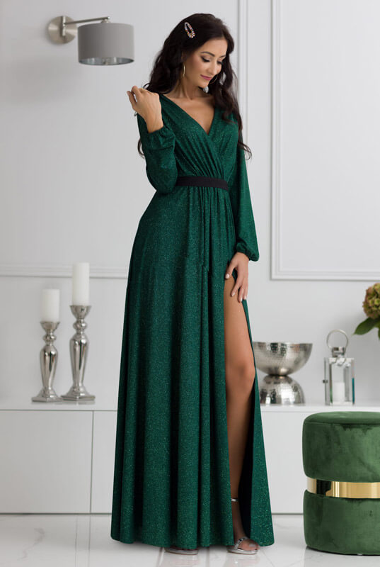 Zielona brokatowa długa suknia wieczorowa z rękawem - Salma bis