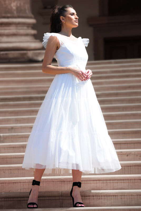 Suknia ślubna midi z falbankami w stylu pin up Marietta